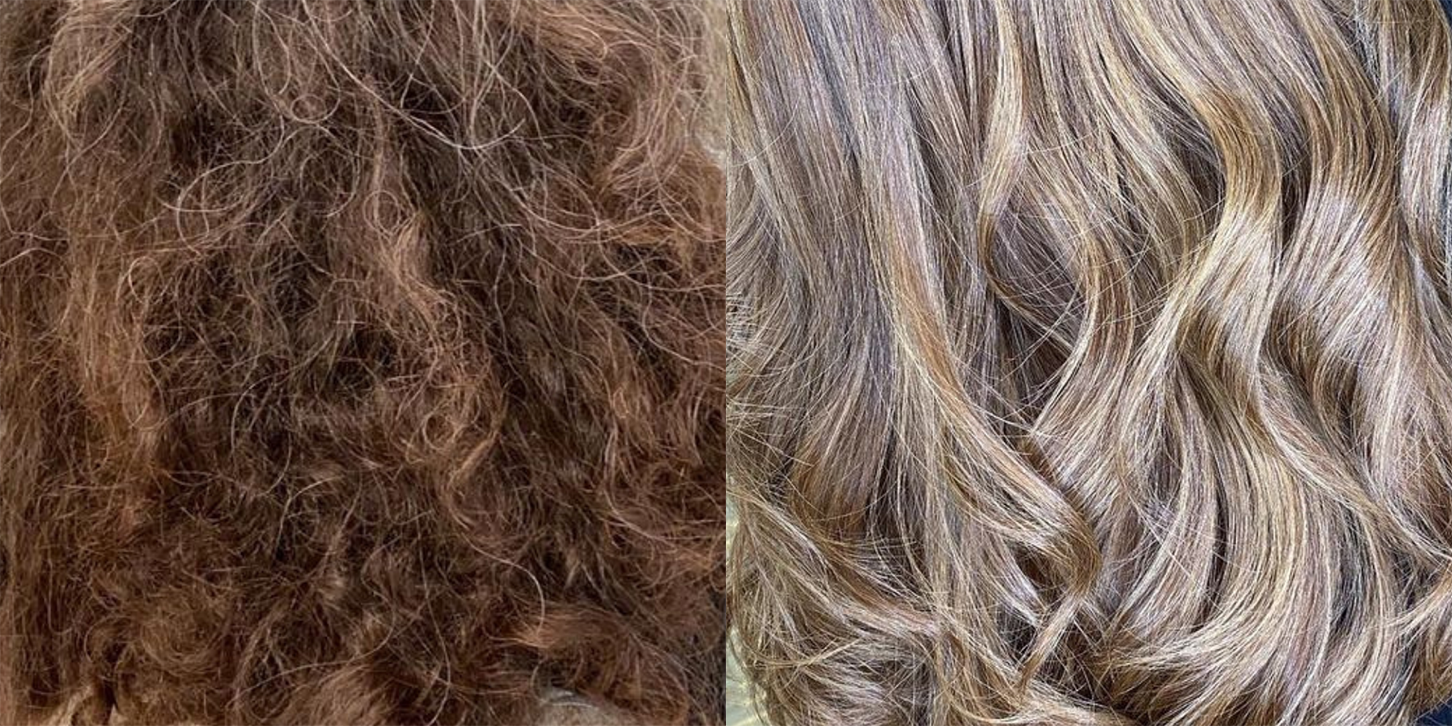 Before and after Brazilian Blowout treatment.
