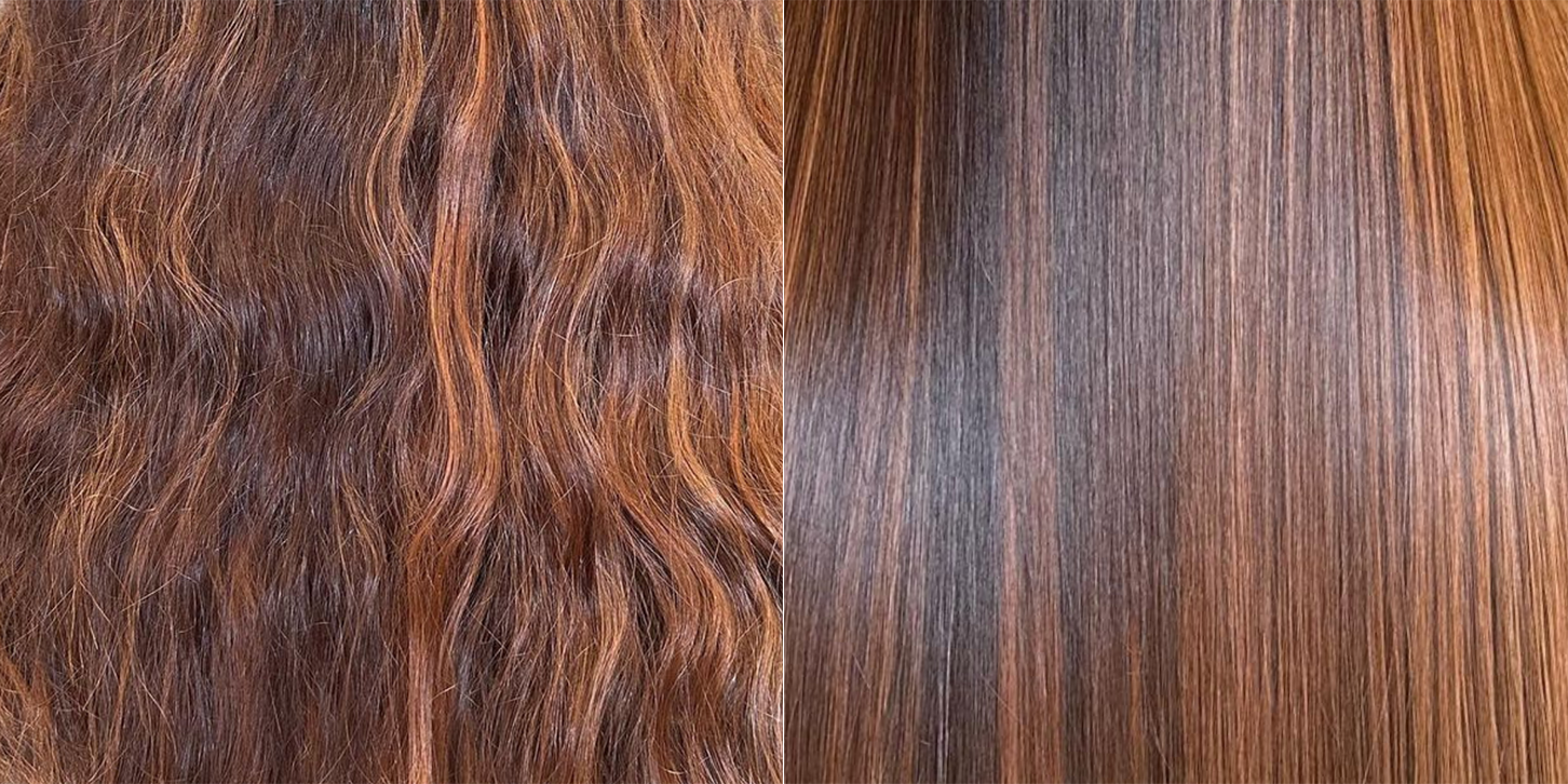 Before and after Brazilian Blowout treatment.